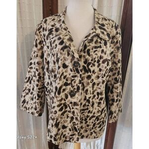 J39  Sag Harbor brown & cream animal print linen blend lined jacket 3/4 sleeves